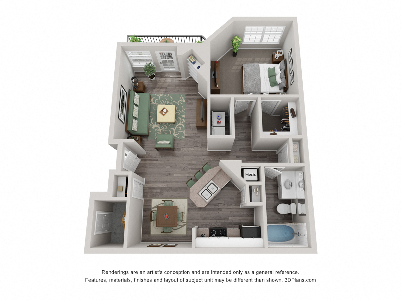 Floor plan for 1 bed, 1 bath, 769 sqft